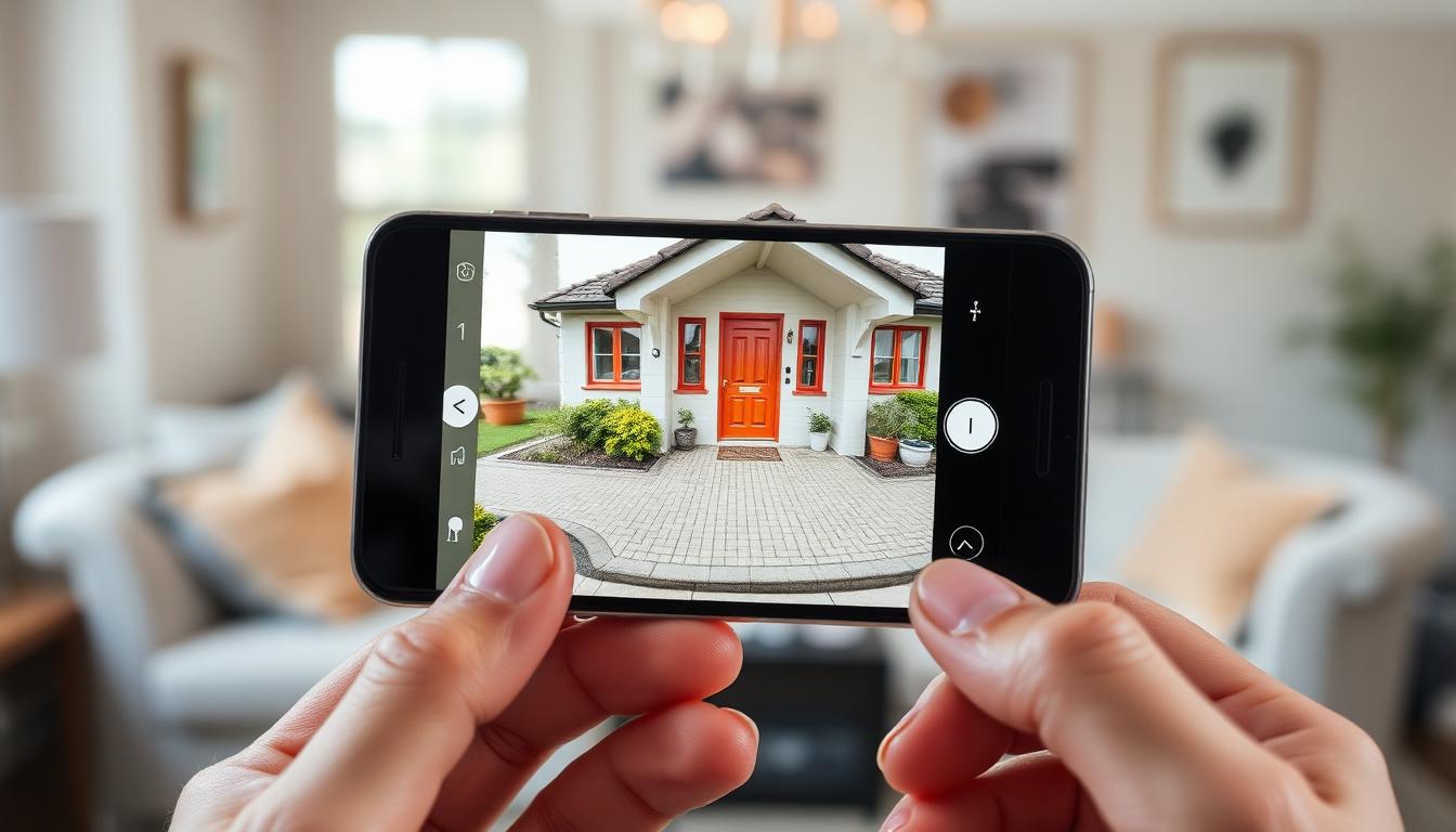 Smartphone med sikkerhedskamera-app der viser live video af hoveddør og indkørsel