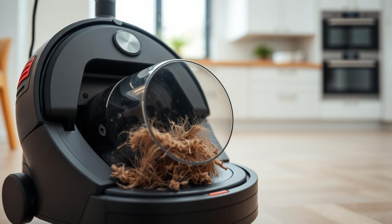 Støvbeholder fra robotstøvsugeren efter dag 14 — tydeligt mindre støv end i starten