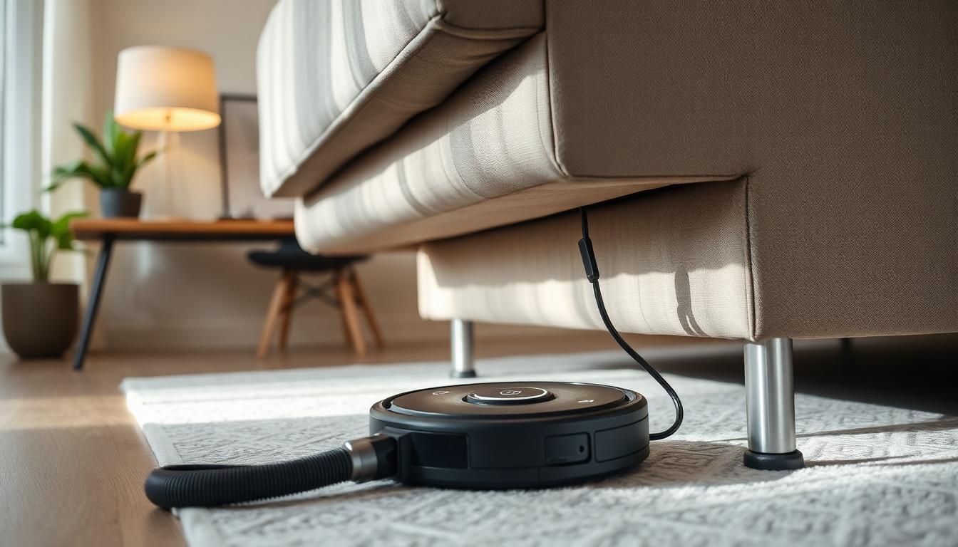 Robotstøvsuger der sidder fast under en lav sofa — et typisk problem i de første dage