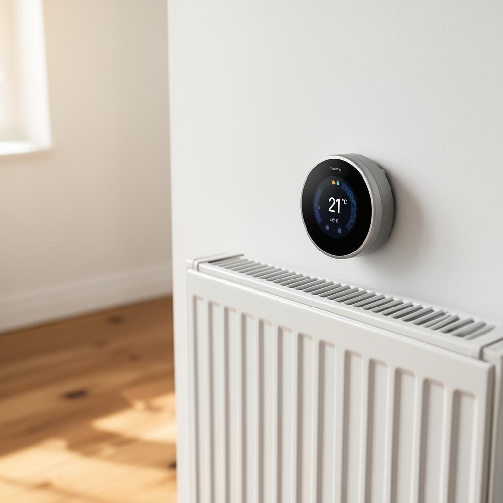 Smart termostat monteret på radiator i skandinavisk hjem